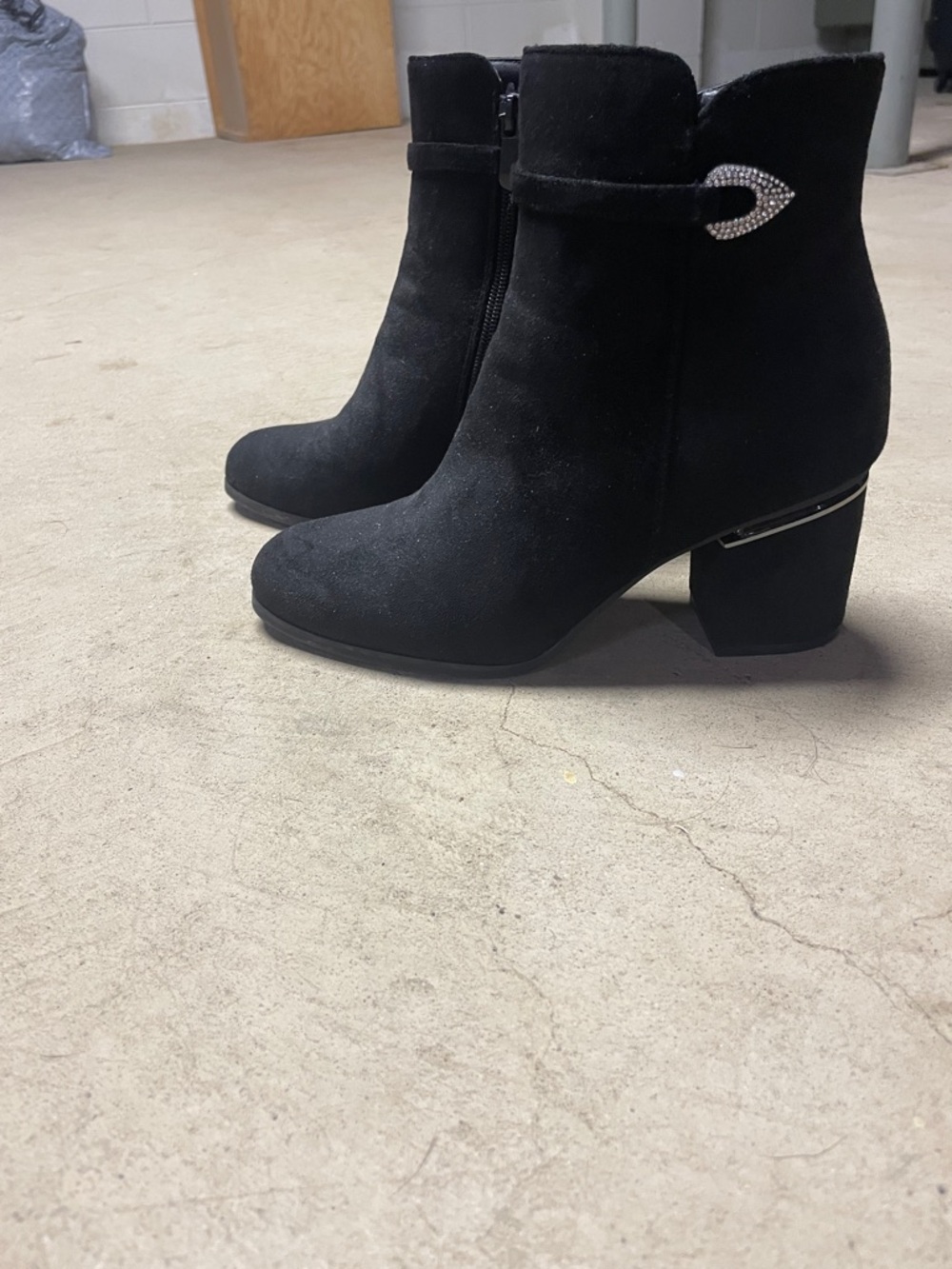 Black Suede Block Heel Ankle Booties with Rhinestone Detail